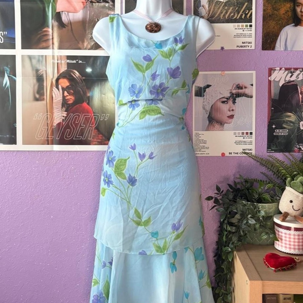 Mary McFadden Blue Floral Chiffon Midi Dress
